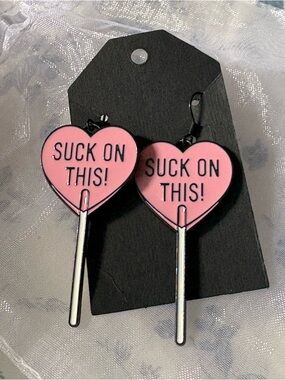 Pink Heart Lollipop Dangle Earrings - 'Suck On This!'